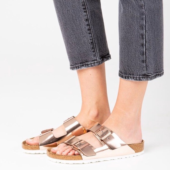 birkenstock arizona two strap metallic copper